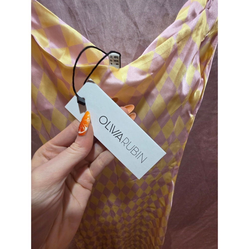 Olivia Rubin Silk Aubrey Harlequin Diamond Satin Slip Midi Dress Pink Yellow 0 - Picture 5 of 7